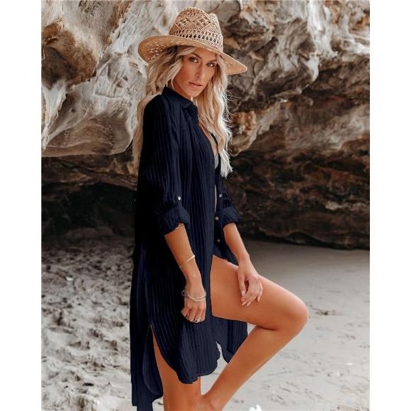 Womens Beachwear Cover Up, Long Sleeve Button Down Beach Shirt with Belt - Picture 3 of 8